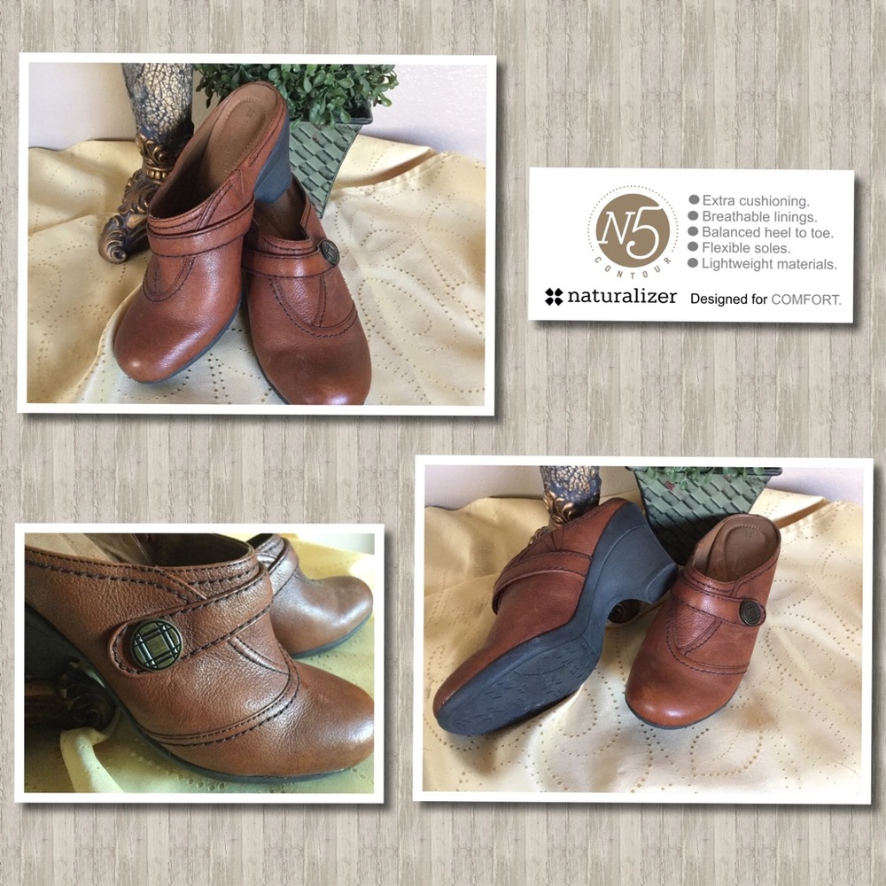 NATURALIZER BROWN LEATHER N5 COMFORT HEELED MULE